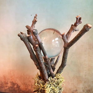 Pure Quartz Crystal Ball with Handcrafted Twig and Moss Stand