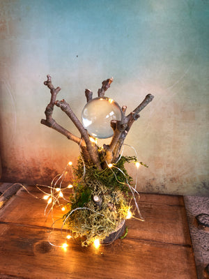 Pure Quartz Crystal Ball with Handcrafted Twig and Moss Stand