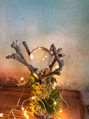 Pure Quartz Crystal Ball with Handcrafted Twig and Moss Stand