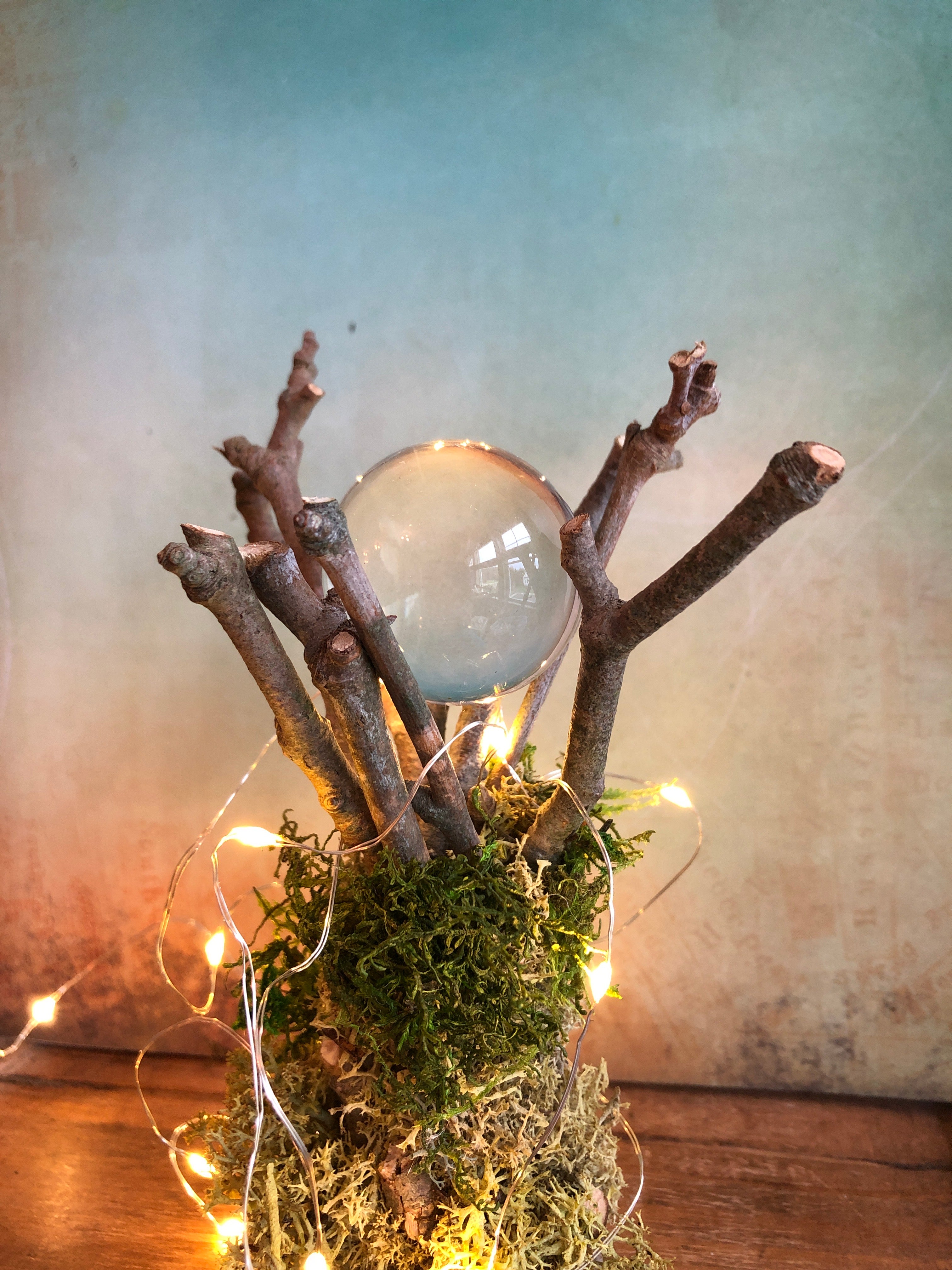 Pure Quartz Crystal Ball with Handcrafted Twig and Moss Stand