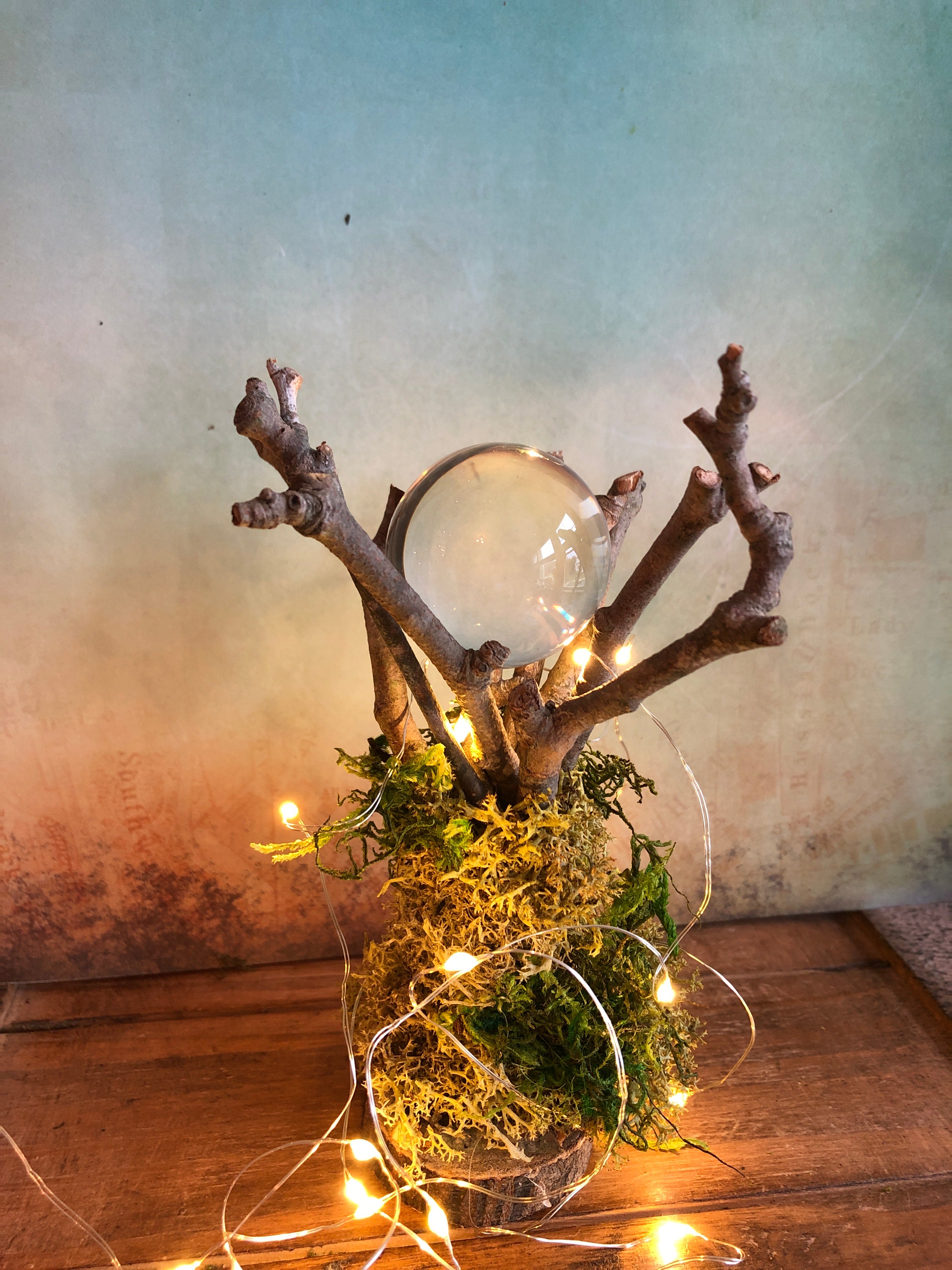 Pure Quartz Crystal Ball with Handcrafted Twig and Moss Stand