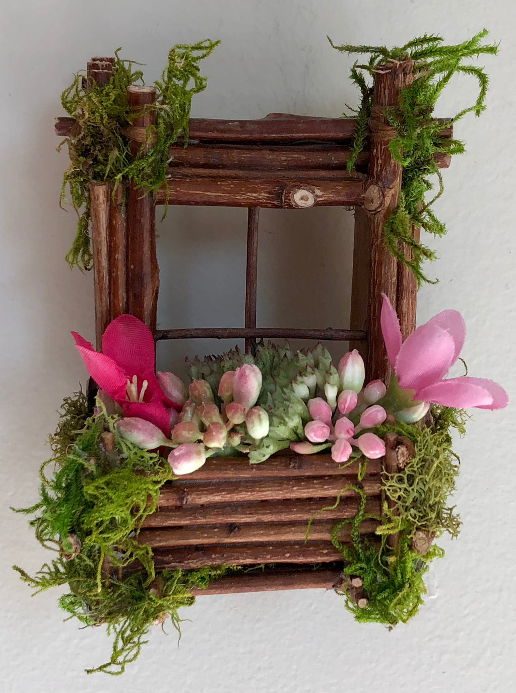 Handmade Miniature Fairy Window With Moss & Pink Florals – Rustic Wood Cottage Décor, Fairy Accessories