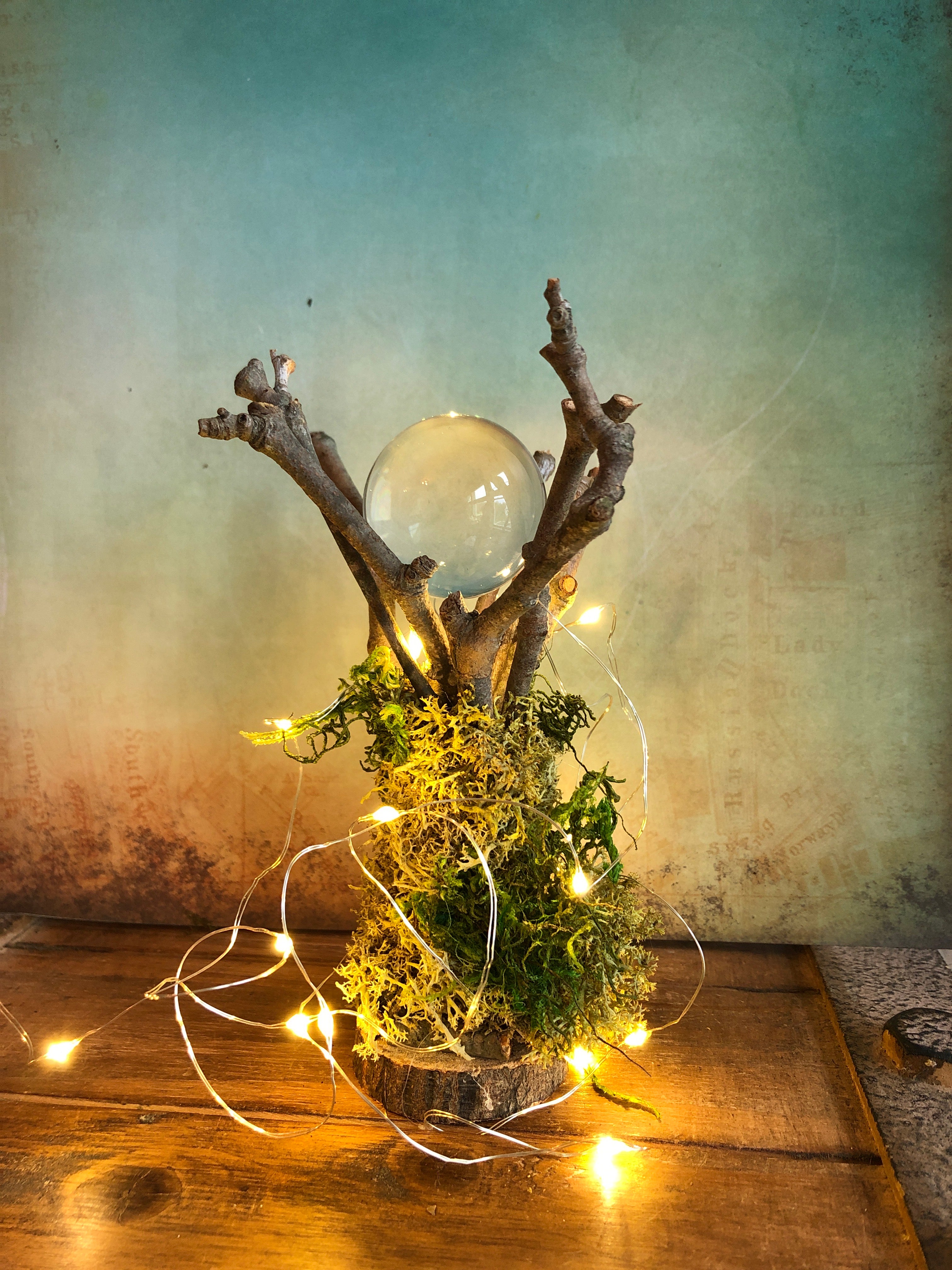 Pure Quartz Crystal Ball with Handcrafted Twig and Moss Stand
